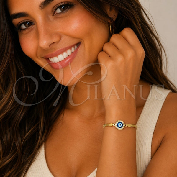 Oro Laminado Fancy Bracelet, Gold Filled Style Evil Eye and Rat Tail Design, with White Micro Pave, Blue Enamel Finish, Golden Finish, 03.60.0177.07 (03 MM Thickness, 7 Inches Length)
