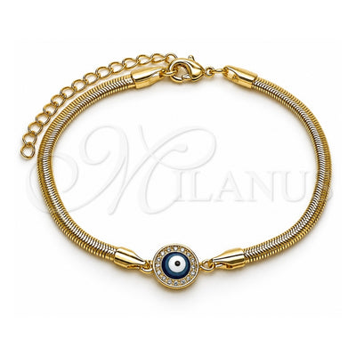Oro Laminado Fancy Bracelet, Gold Filled Style Evil Eye and Rat Tail Design, with White Micro Pave, Blue Enamel Finish, Golden Finish, 03.60.0177.07 (03 MM Thickness, 7 Inches Length)