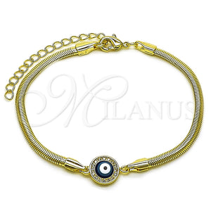 Oro Laminado Fancy Bracelet, Gold Filled Style Evil Eye and Rat Tail Design, with White Micro Pave, Blue Enamel Finish, Golden Finish, 03.60.0177.07 (03 MM Thickness, 7 Inches Length)
