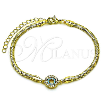 Oro Laminado Fancy Bracelet, Gold Filled Style Evil Eye and Rat Tail Design, with Turquoise and White Cubic Zirconia, Polished, Golden Finish, 03.60.0178.07 (03 MM Thickness, 7 Inches Length)