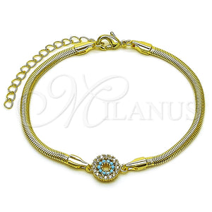 Oro Laminado Fancy Bracelet, Gold Filled Style Evil Eye and Rat Tail Design, with Turquoise and White Cubic Zirconia, Polished, Golden Finish, 03.60.0178.07 (03 MM Thickness, 7 Inches Length)