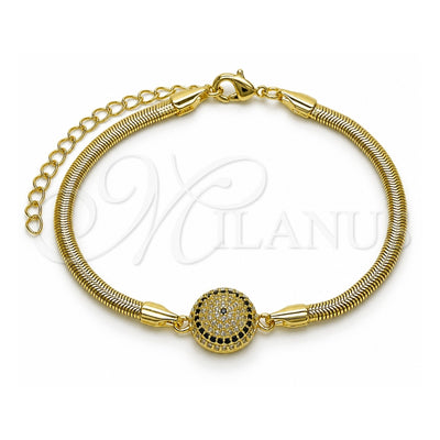 Oro Laminado Fancy Bracelet, Gold Filled Style Evil Eye and Rat Tail Design, with Sapphire Blue and White Micro Pave, Polished, Golden Finish, 03.60.0179.07 (03 MM Thickness, 7 Inches Length)