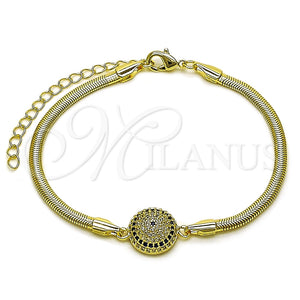 Oro Laminado Fancy Bracelet, Gold Filled Style Evil Eye and Rat Tail Design, with Sapphire Blue and White Micro Pave, Polished, Golden Finish, 03.60.0179.07 (03 MM Thickness, 7 Inches Length)