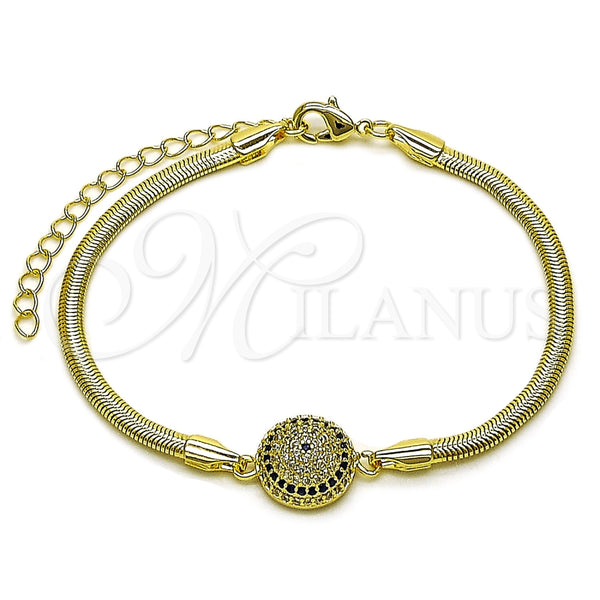Oro Laminado Fancy Bracelet, Gold Filled Style Evil Eye and Rat Tail Design, with Sapphire Blue and White Micro Pave, Polished, Golden Finish, 03.60.0179.07 (03 MM Thickness, 7 Inches Length)