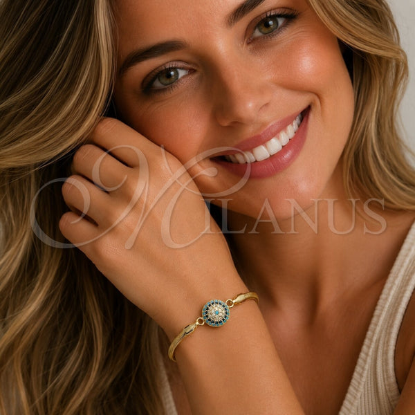 Oro Laminado Fancy Bracelet, Gold Filled Style Evil Eye and Ball Design, with Turquoise and Sapphire Blue Micro Pave, Polished, Golden Finish, 03.60.0181.07 (03 MM Thickness, 7 Inches Length)