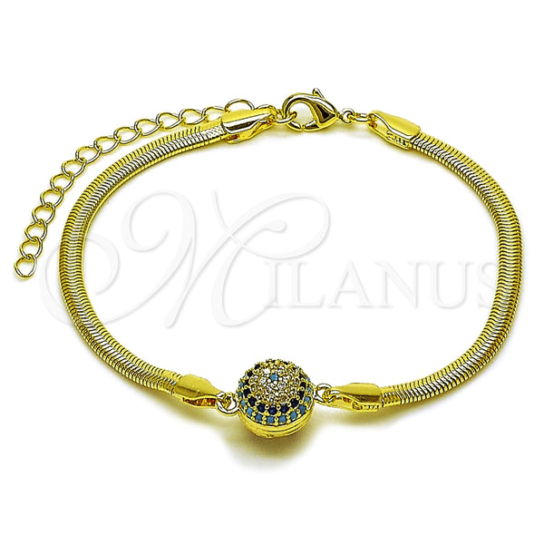 Oro Laminado Fancy Bracelet, Gold Filled Style Evil Eye and Ball Design, with Turquoise and Sapphire Blue Micro Pave, Polished, Golden Finish, 03.60.0181.07 (03 MM Thickness, 7 Inches Length)