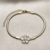 Oro Laminado Fancy Bracelet, Gold Filled Style Flower and Rat Tail Design, with White Cubic Zirconia, Polished, Golden Finish, 03.60.0182.07 (03 MM Thickness, 7 Inches Length)