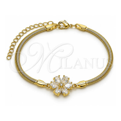 Oro Laminado Fancy Bracelet, Gold Filled Style Flower and Rat Tail Design, with White Cubic Zirconia, Polished, Golden Finish, 03.60.0182.07 (03 MM Thickness, 7 Inches Length)