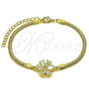 Oro Laminado Fancy Bracelet, Gold Filled Style Flower and Rat Tail Design, with White Cubic Zirconia, Polished, Golden Finish, 03.60.0182.07 (03 MM Thickness, 7 Inches Length)