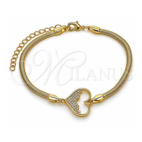 Oro Laminado Fancy Bracelet, Gold Filled Style Heart and Rat Tail Design, with White Micro Pave, Polished, Golden Finish, 03.60.0183.07 (03 MM Thickness, 7 Inches Length)