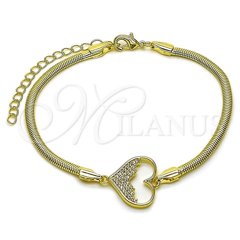 Oro Laminado Fancy Bracelet, Gold Filled Style Heart and Rat Tail Design, with White Micro Pave, Polished, Golden Finish, 03.60.0183.07 (03 MM Thickness, 7 Inches Length)