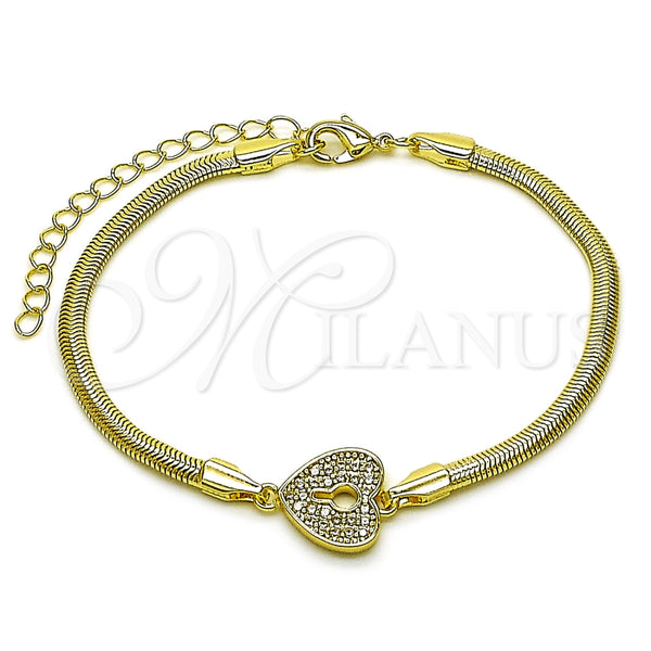 Oro Laminado Fancy Bracelet, Gold Filled Style Heart and Lock Design, with White Micro Pave, Polished, Golden Finish, 03.60.0184.07 (03 MM Thickness, 7 Inches Length)