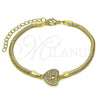 Oro Laminado Fancy Bracelet, Gold Filled Style Heart and Lock Design, with White Micro Pave, Polished, Golden Finish, 03.60.0184.07 (03 MM Thickness, 7 Inches Length)