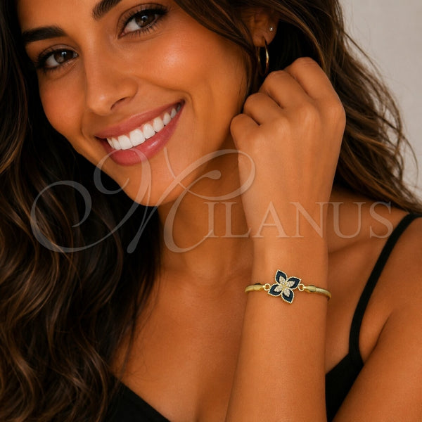 Oro Laminado Fancy Bracelet, Gold Filled Style Four-leaf Clover and Rat Tail Design, with White Micro Pave, Black Enamel Finish, Golden Finish, 03.60.0185.07 (03 MM Thickness, 7 Inches Length)