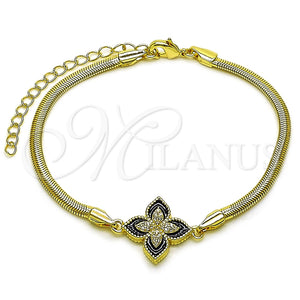 Oro Laminado Fancy Bracelet, Gold Filled Style Four-leaf Clover and Rat Tail Design, with White Micro Pave, Black Enamel Finish, Golden Finish, 03.60.0185.07 (03 MM Thickness, 7 Inches Length)