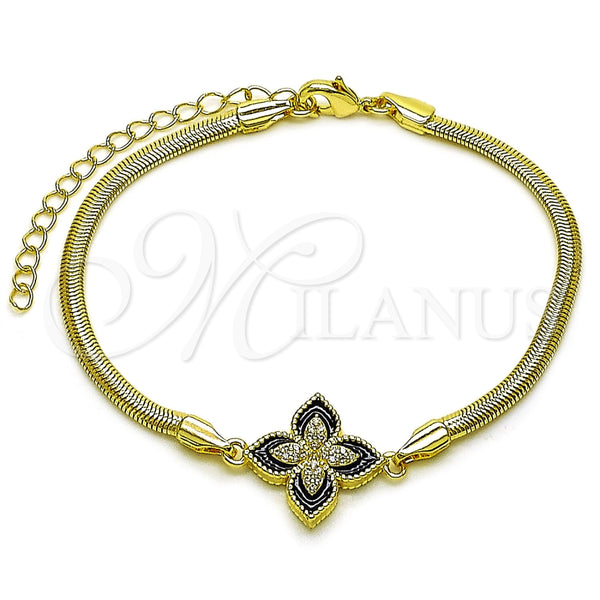 Oro Laminado Fancy Bracelet, Gold Filled Style Four-leaf Clover and Rat Tail Design, with White Micro Pave, Black Enamel Finish, Golden Finish, 03.60.0185.07 (03 MM Thickness, 7 Inches Length)