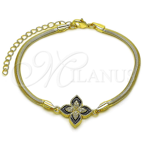 Oro Laminado Fancy Bracelet, Gold Filled Style Four-leaf Clover and Rat Tail Design, with White Micro Pave, Black Enamel Finish, Golden Finish, 03.60.0185.07 (03 MM Thickness, 7 Inches Length)