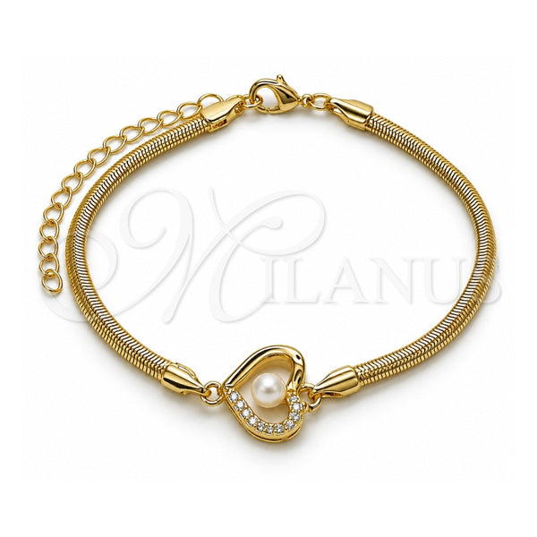 Oro Laminado Fancy Bracelet, Gold Filled Style Heart and Rat Tail Design, with White Cubic Zirconia and Ivory Pearl, Polished, Golden Finish, 03.60.0186.07 (03 MM Thickness, 7 Inches Length)