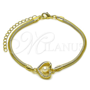 Oro Laminado Fancy Bracelet, Gold Filled Style Heart and Rat Tail Design, with White Cubic Zirconia and Ivory Pearl, Polished, Golden Finish, 03.60.0186.07 (03 MM Thickness, 7 Inches Length)
