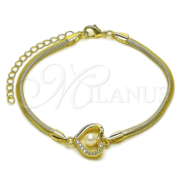 Oro Laminado Fancy Bracelet, Gold Filled Style Heart and Rat Tail Design, with White Cubic Zirconia and Ivory Pearl, Polished, Golden Finish, 03.60.0186.07 (03 MM Thickness, 7 Inches Length)