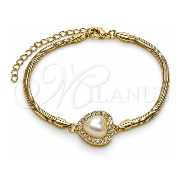 Oro Laminado Fancy Bracelet, Gold Filled Style Heart and Cluster Design, with Ivory Pearl and White Cubic Zirconia, Polished, Golden Finish, 03.60.0187.07 (03 MM Thickness, 7 Inches Length)