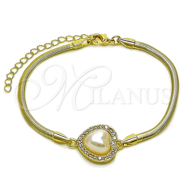 Oro Laminado Fancy Bracelet, Gold Filled Style Heart and Cluster Design, with Ivory Pearl and White Cubic Zirconia, Polished, Golden Finish, 03.60.0187.07 (03 MM Thickness, 7 Inches Length)