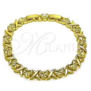 Oro Laminado Solid Bracelet, Gold Filled Style Heart and Hugs and Kisses Design, Diamond Cutting Finish, Golden Finish, 03.60.0190.07 (Thickness, 8 Inches Length)