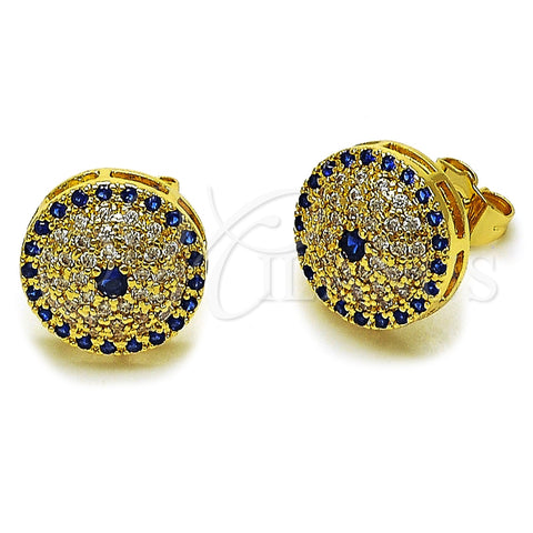 Oro Laminado Stud Earring, Gold Filled Style Evil Eye Design, with Sapphire Blue and White Cubic Zirconia, Polished, Golden Finish, 02.283.0424