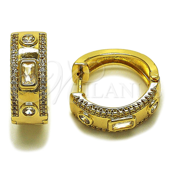 Oro Laminado Huggie Hoop, Gold Filled Style Baguette Design, with White Cubic Zirconia and White Micro Pave, Polished, Golden Finish, 02.283.0426.20