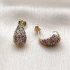 Oro Laminado Stud Earring, Gold Filled Style Teardrop Design, with Multicolor Micro Pave, Polished, Golden Finish, 02.283.0430