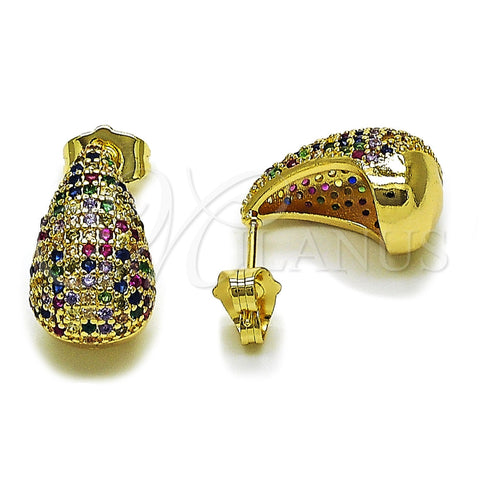 Oro Laminado Stud Earring, Gold Filled Style Teardrop Design, with Multicolor Micro Pave, Polished, Golden Finish, 02.283.0430