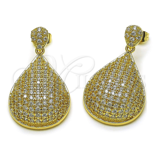Oro Laminado Long Earring, Gold Filled Style Teardrop Design, with White Cubic Zirconia, Polished, Golden Finish, 02.283.0433