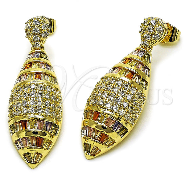 Oro Laminado Dangle Earring, Gold Filled Style Baguette and Teardrop Design, with Multicolor and White Cubic Zirconia, Polished, Golden Finish, 02.283.0434.1