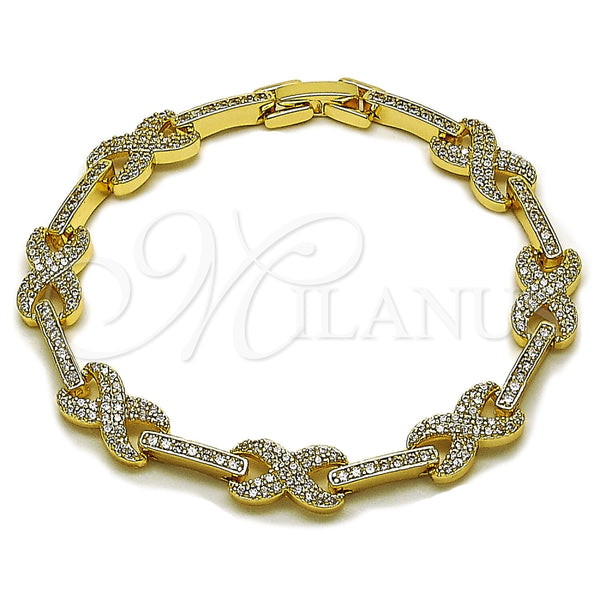 Oro Laminado Tennis Bracelet, Gold Filled Style Hugs and Kisses and Infinite Design, with White Cubic Zirconia, Polished, Golden Finish, 03.283.0593.07 (Thickness, 8 Inches Length)