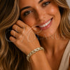 Oro Laminado Tennis Bracelet, Gold Filled Style Belt Buckle Design, with White Cubic Zirconia, Polished, Golden Finish, 03.283.0598.07 (Thickness, 8 Inches Length)