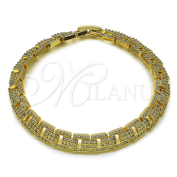 Oro Laminado Tennis Bracelet, Gold Filled Style Belt Buckle Design, with White Cubic Zirconia, Polished, Golden Finish, 03.283.0598.07 (Thickness, 8 Inches Length)