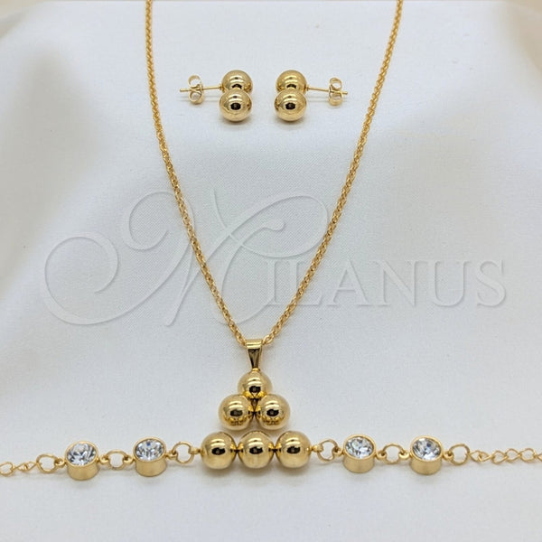 Stainless Steel Necklace, Bracelet and Earring, with White Crystal and Golden Pearl, Polished, Golden Finish, 06.116.0182.1