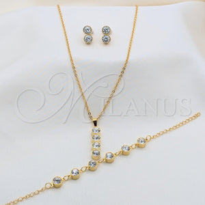 Stainless Steel Necklace, Bracelet and Earring, with White Crystal, Polished, Golden Finish, 06.116.0182.2