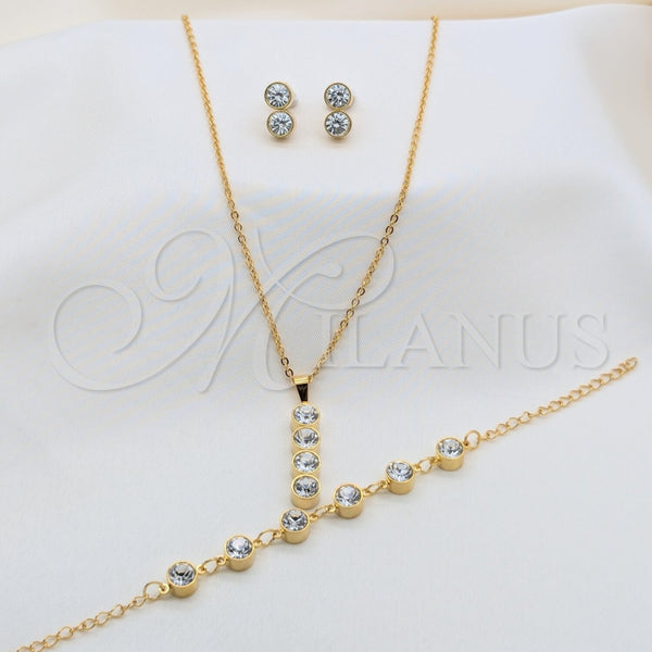 Stainless Steel Necklace, Bracelet and Earring, with White Crystal, Polished, Golden Finish, 06.116.0182.2