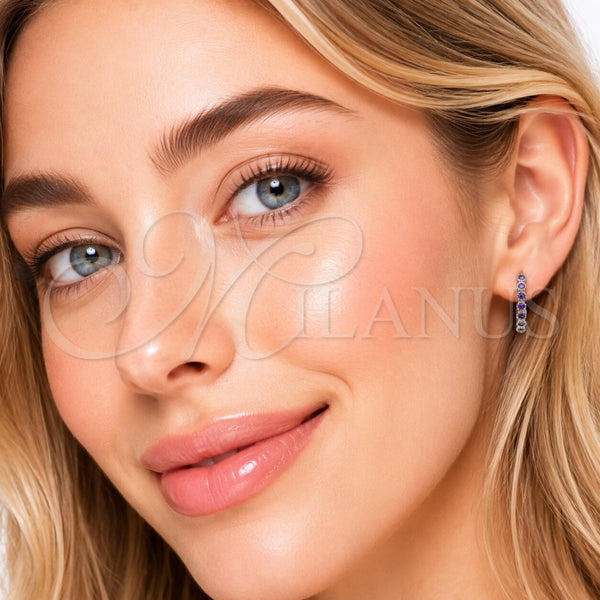 Rhodium Gold Filled Huggie Hoop, with Amethyst Cubic Zirconia, Polished, Rhodium Finish, 02.438.0006.15