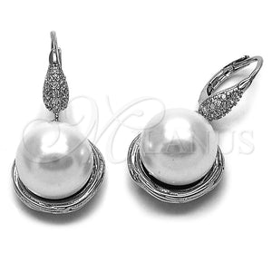 Rhodium Gold Filled Dangle Earring, Ball and Teardrop Design, with Ivory Pearl and White Micro Pave, Polished, Rhodium Finish, 02.438.0012