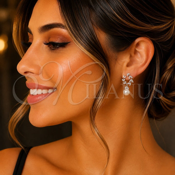 Oro Laminado Dangle Earring, Gold Filled Style Leaf and Ball Design, with Ivory Pearl and White Micro Pave, Polished, Golden Finish, 02.438.0013
