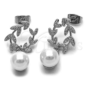 Oro Laminado Dangle Earring, Gold Filled Style Leaf and Ball Design, with Ivory Pearl and White Micro Pave, Polished, Golden Finish, 02.438.0013
