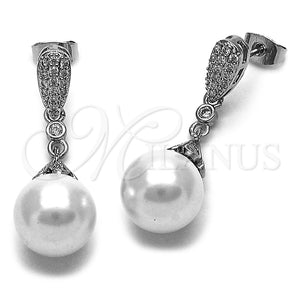 Rhodium Gold Filled Long Earring, Teardrop and Ball Design, with Ivory Pearl and White Micro Pave, Polished, Rhodium Finish, 02.438.0016