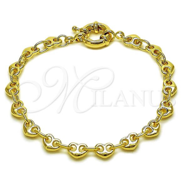 Oro Laminado Fancy Bracelet, Gold Filled Style Heart Design, Polished, Golden Finish, 03.415.0027.07 (06 MM Thickness, 8 Inches Length)