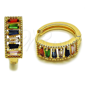 Oro Laminado Huggie Hoop, Gold Filled Style Baguette Design, with Multicolor Cubic Zirconia, Polished, Golden Finish, 02.413.0008.18