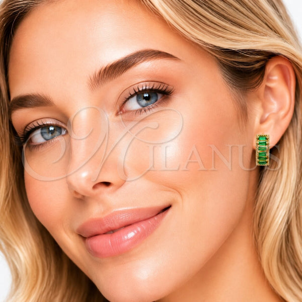 Oro Laminado Huggie Hoop, Gold Filled Style Baguette Design, with Green Cubic Zirconia, Polished, Golden Finish, 02.413.0008.2.18