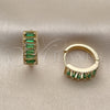 Oro Laminado Huggie Hoop, Gold Filled Style Baguette Design, with Green Cubic Zirconia, Polished, Golden Finish, 02.413.0008.2.18