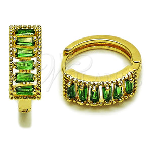 Oro Laminado Huggie Hoop, Gold Filled Style Baguette Design, with Green Cubic Zirconia, Polished, Golden Finish, 02.413.0008.2.18
