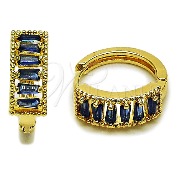Oro Laminado Huggie Hoop, Gold Filled Style Baguette Design, with Sapphire Blue Cubic Zirconia, Polished, Golden Finish, 02.413.0008.3.18
